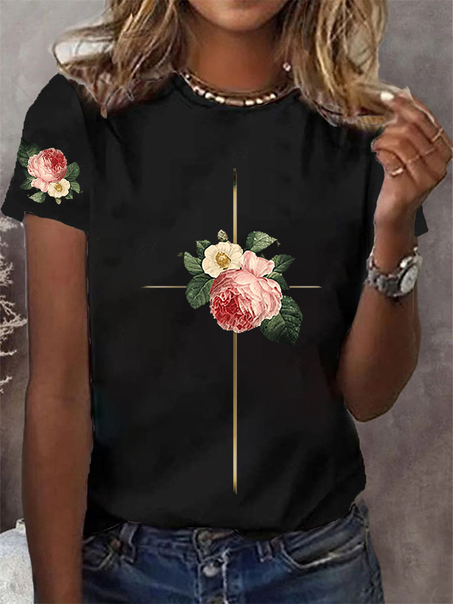Frauen Glauben Kreuz Blumen Kurzarm T-Shirt