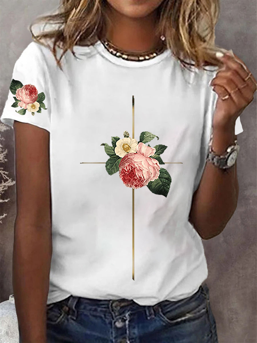 Frauen Glauben Kreuz Blumen Kurzarm T-Shirt