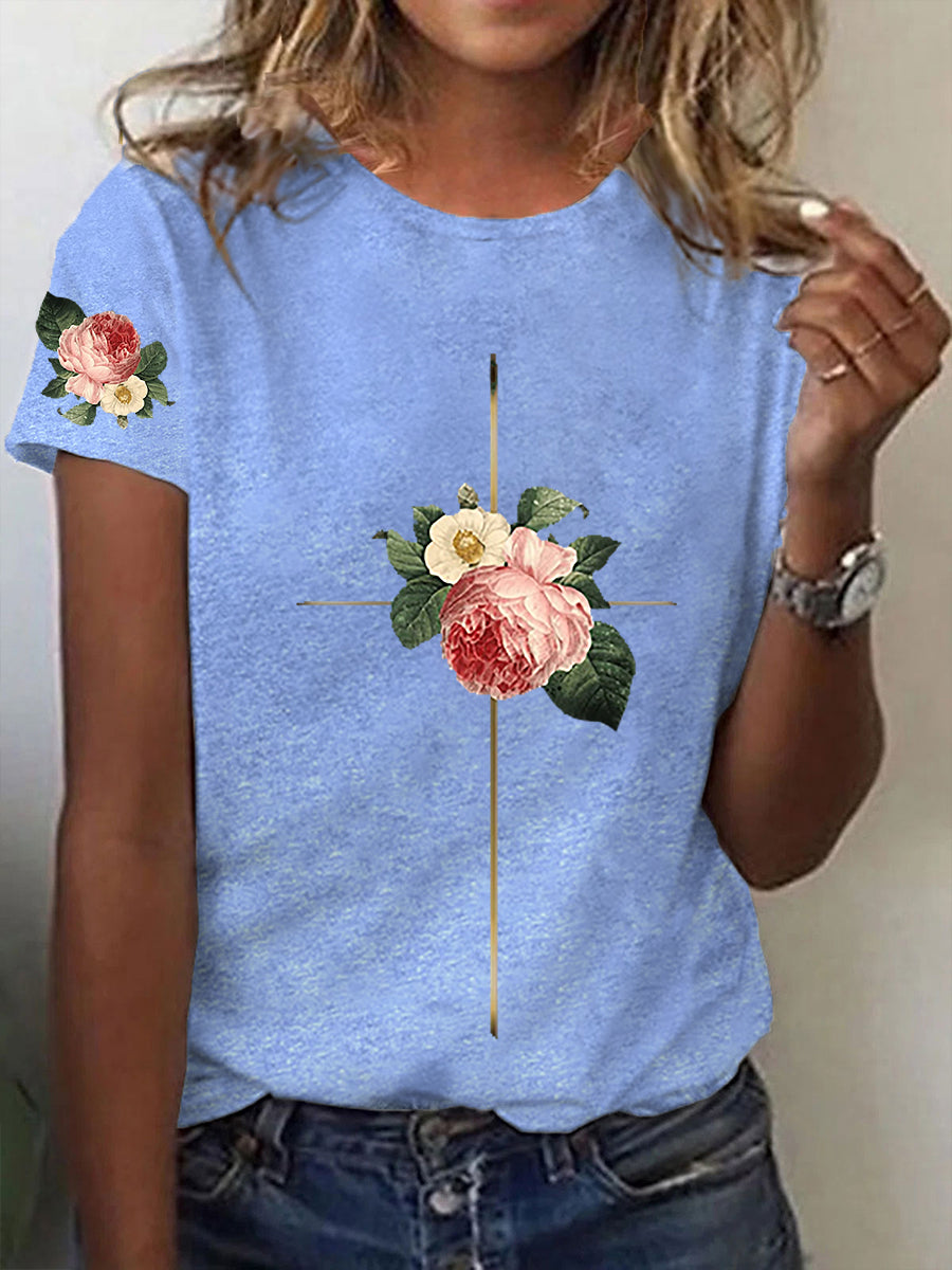 Frauen Glauben Kreuz Blumen Kurzarm T-Shirt