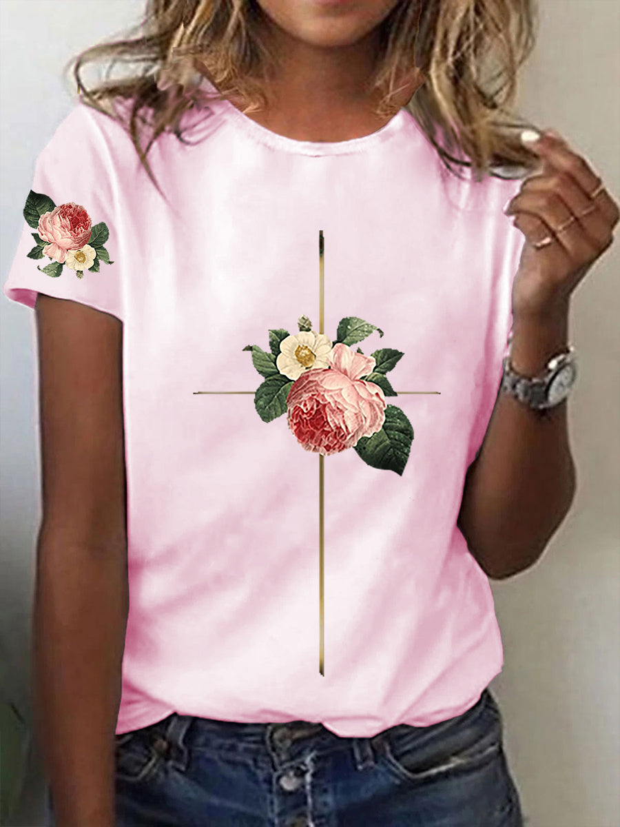 Frauen Glauben Kreuz Blumen Kurzarm T-Shirt