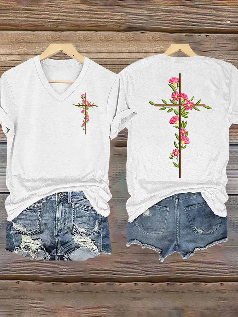 Frauen Kreuz Kreuz Blumen druck T-Shirt