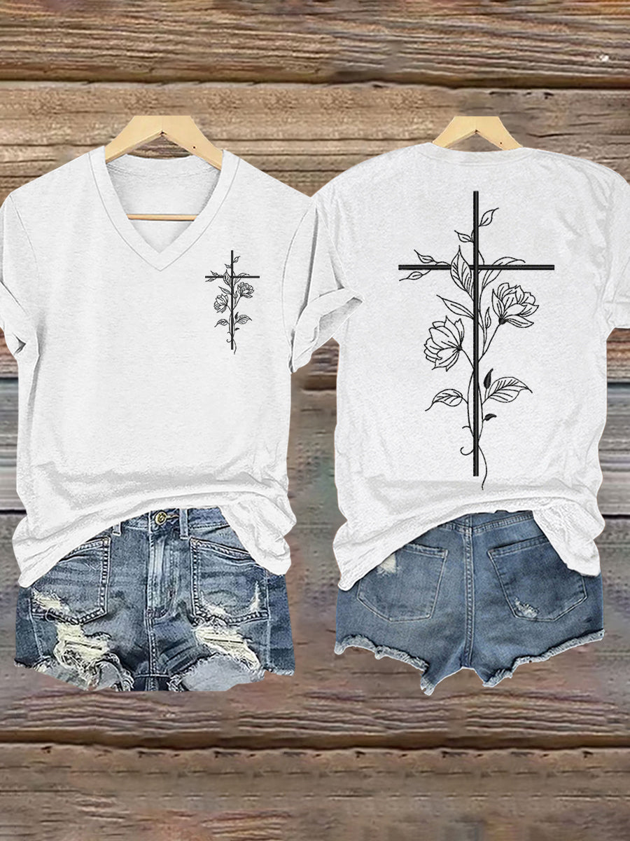 Frauen Kreuz Kreuz Blumen druck T-Shirt
