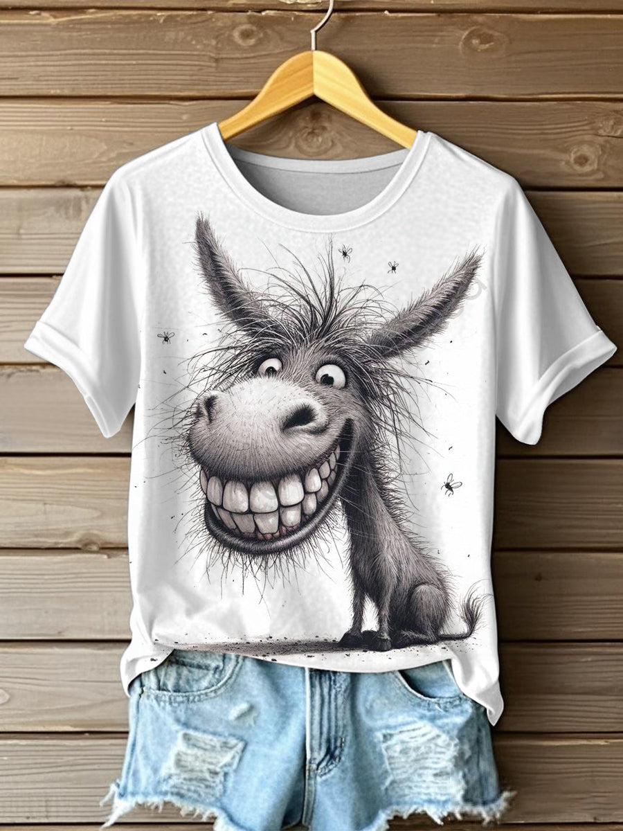 Frauen Lustiges verrücktes Haar Cartoon Esel Print Casual T-Shirt