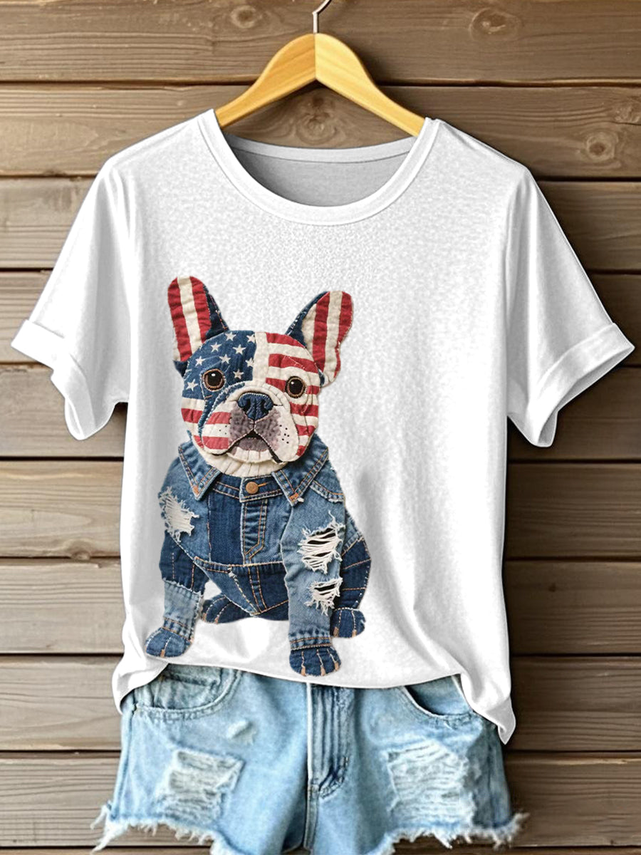 Frauen Unabhängigkeit stag inspirierte französische Bulldogge Muster Patchwork Kunst T-Shirt