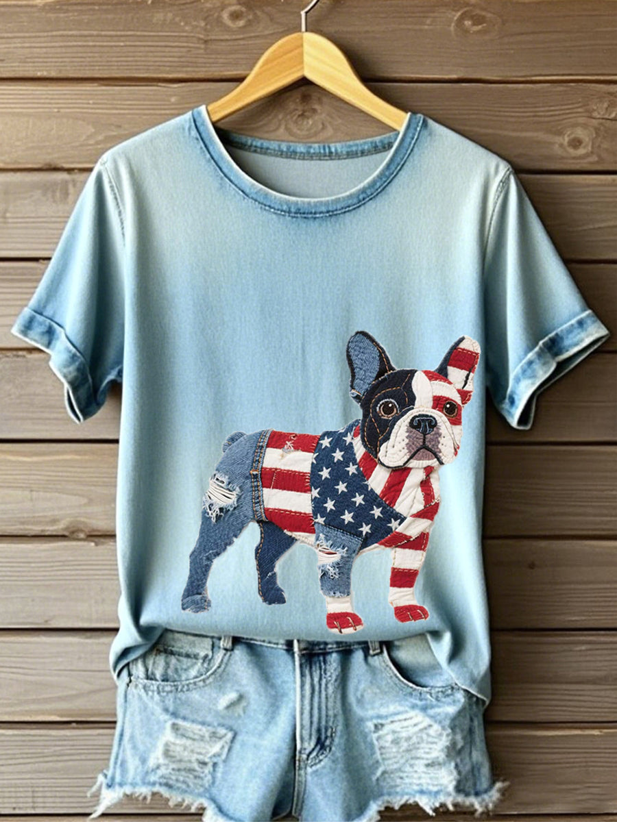 Frauen Unabhängigkeit stag inspirierte französische Bulldogge Muster Patchwork Kunst T-Shirt