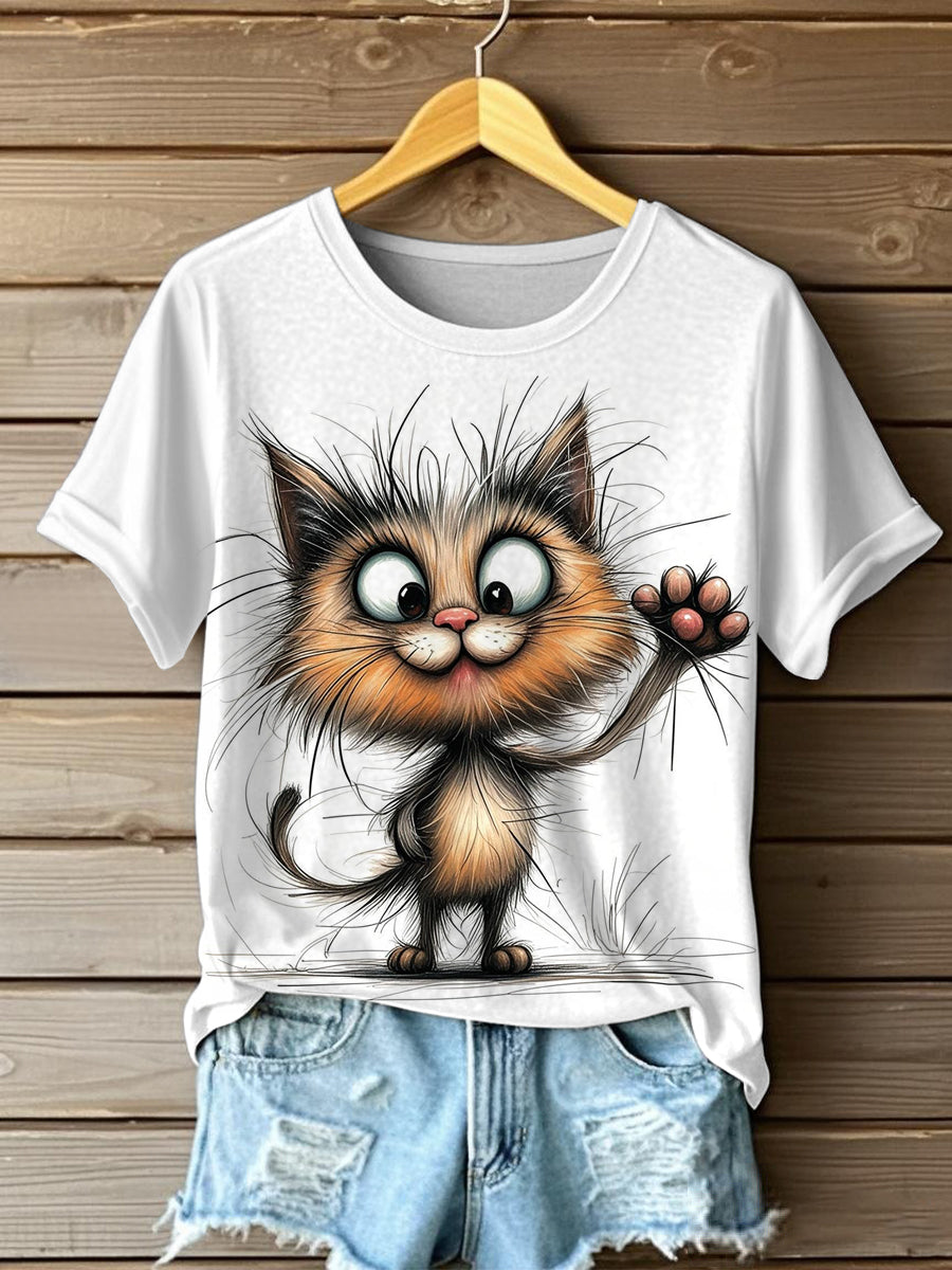 Frauen lustiges verrücktes Haar Cartoon Cat Print Casual T-Shirt