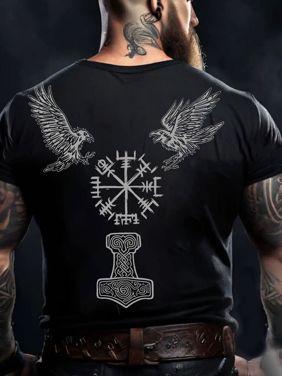 Herren Viking Style Odin Ravens & Vegvisir Bedrucktes T-Shirt