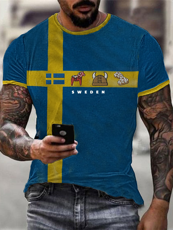 Schwedische Flagge der Männer, Dalama, Wikinger Helm, Zimtrollen-Muster mit kurzen Ärmeln T-Shirt