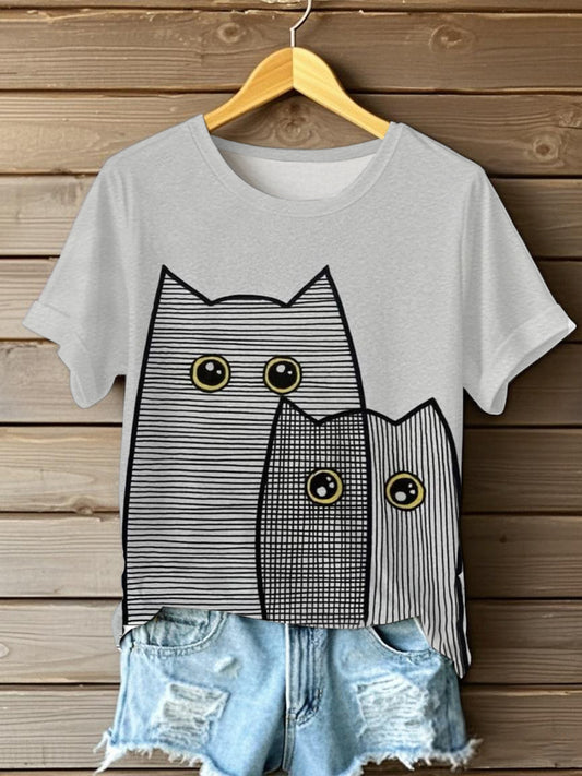 Damen Niedliche Linie Katzen Kurzarm T-Shirt