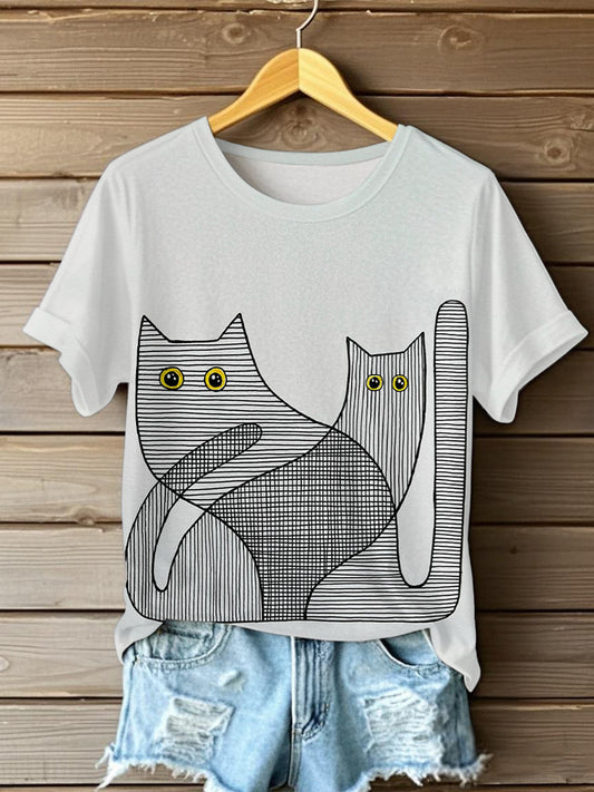 Damen Niedliche Linie Katzen Kurzarm T-Shirt