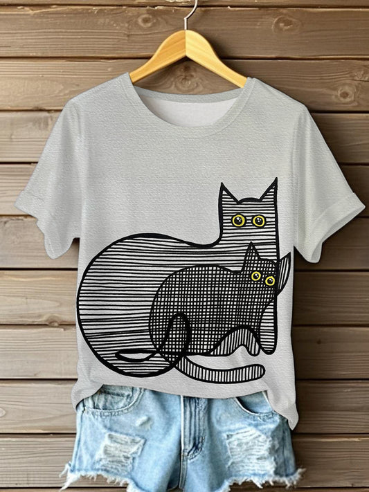 Damen Niedliche Linie Katzen Kurzarm T-Shirt