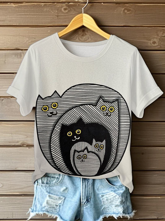 Damen Niedliche Linie Katzen Kurzarm T-Shirt
