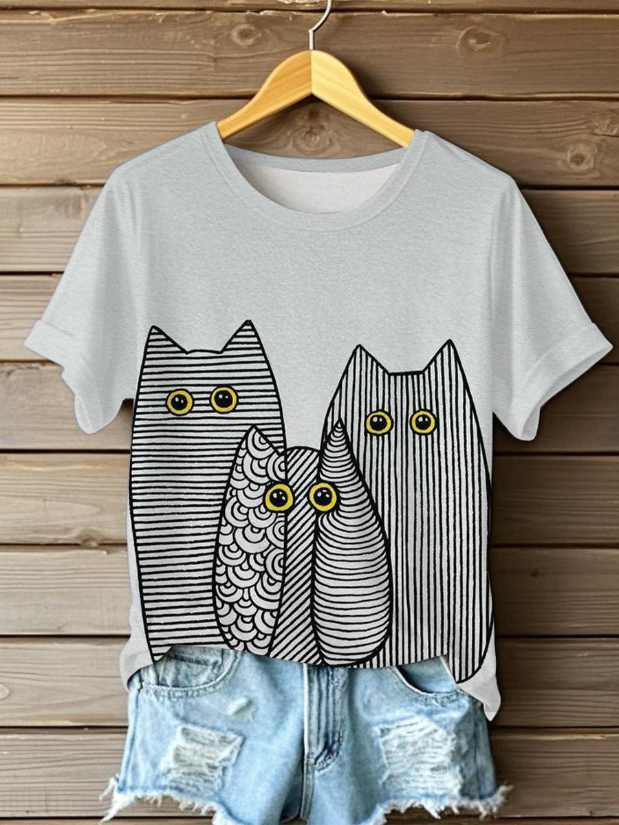 Damen Niedliche Linie Katzen Kurzarm T-Shirt