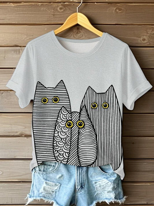 Damen Niedliche Linie Katzen Kurzarm T-Shirt
