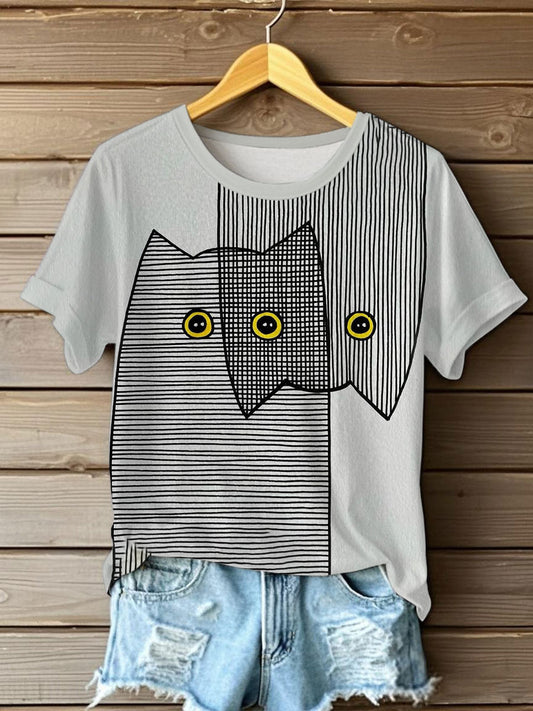 Damen Niedliche Linie Katzen Kurzarm T-Shirt
