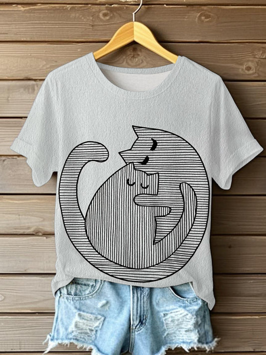 Damen Niedliche Linie Katzen Kurzarm T-Shirt