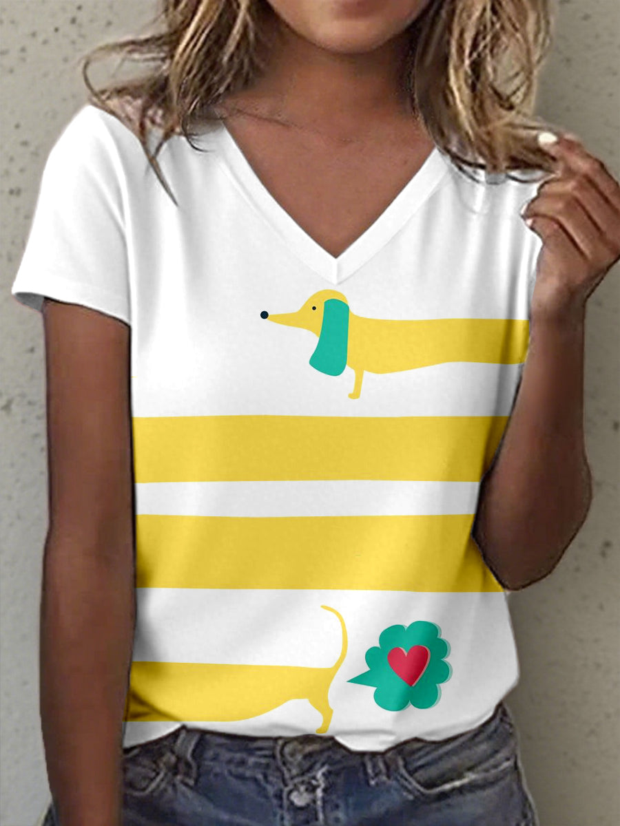 Frauen Lustiges Dackel Kunstdruck V-Ausschnitt T-Shirt