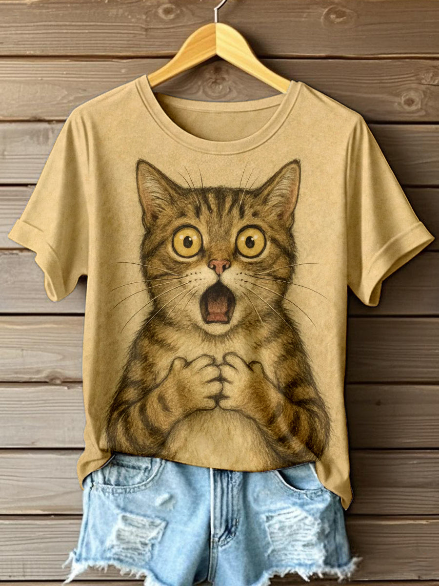 Damen Vintage Katzen-Kunstdruck Kurzarm T-Shirt