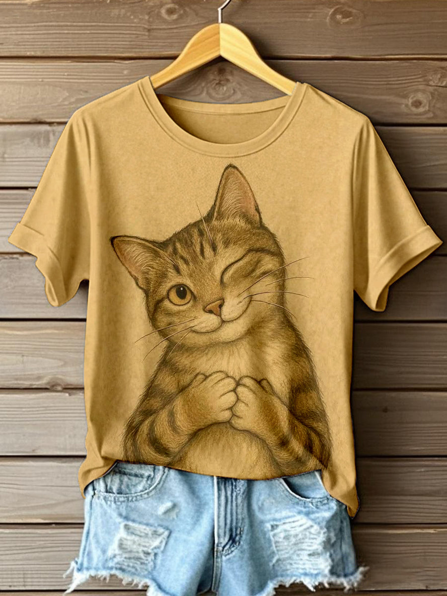 Damen Vintage Katzen-Kunstdruck Kurzarm T-Shirt