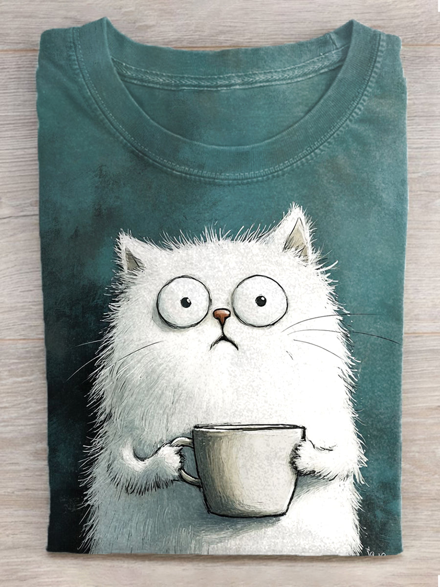 Damen-T-Shirt mit süßem Katzen druck Vintage Kurzarm