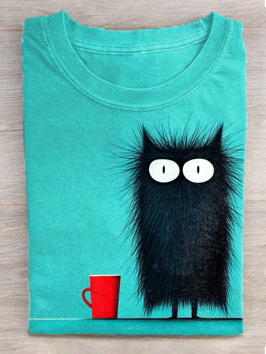 Frauen lustige Katze Kunstdruck Kurzarm T-Shirt