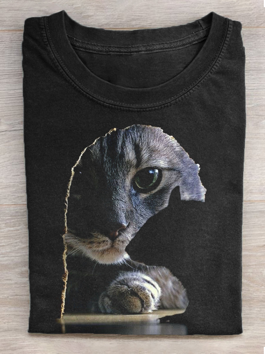 Damen Vintage Katzen-Kunstdruck Kurzarm T-Shirt