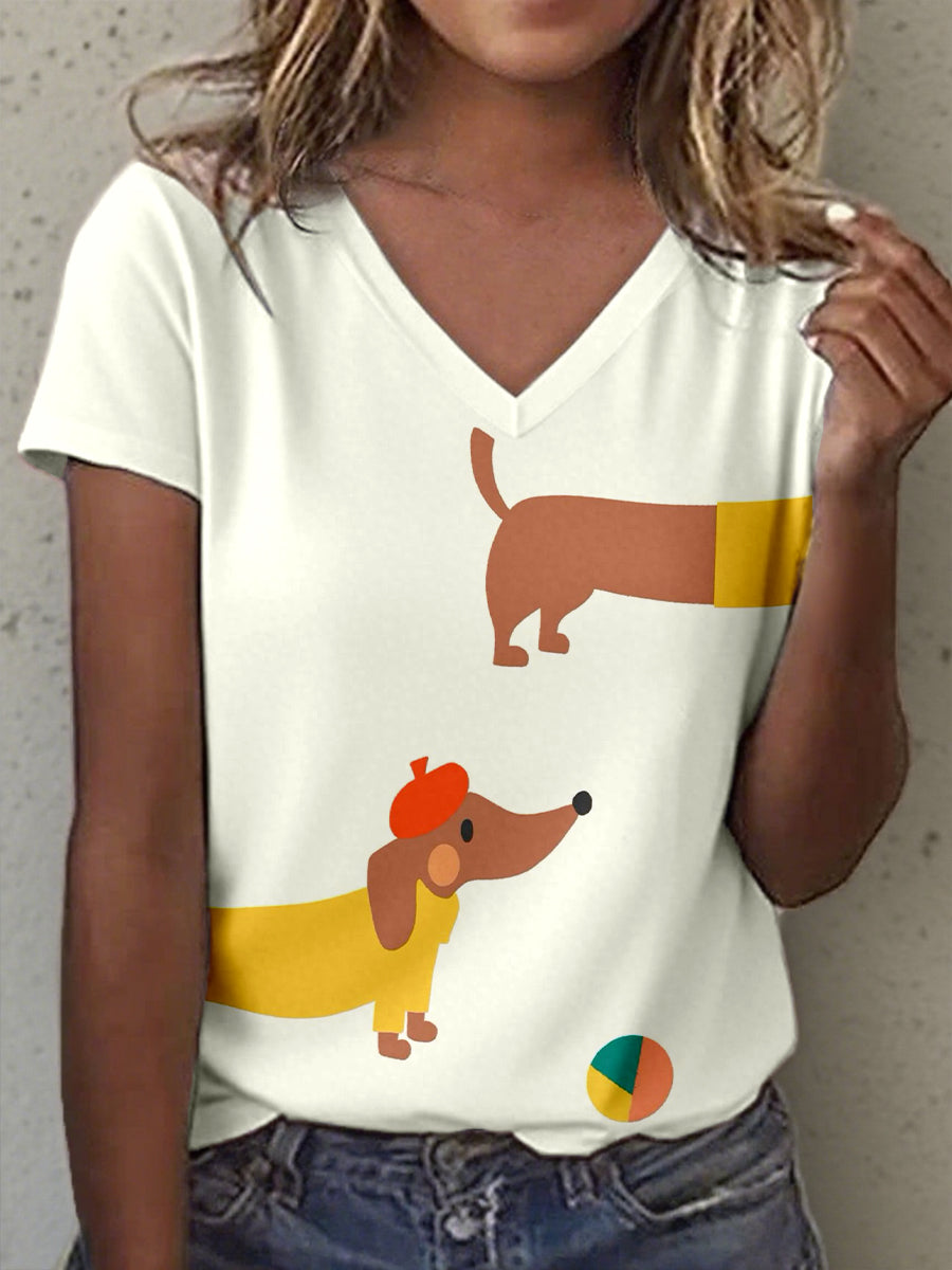 Frauen Lustiges Dackel Kunstdruck V-Ausschnitt T-Shirt