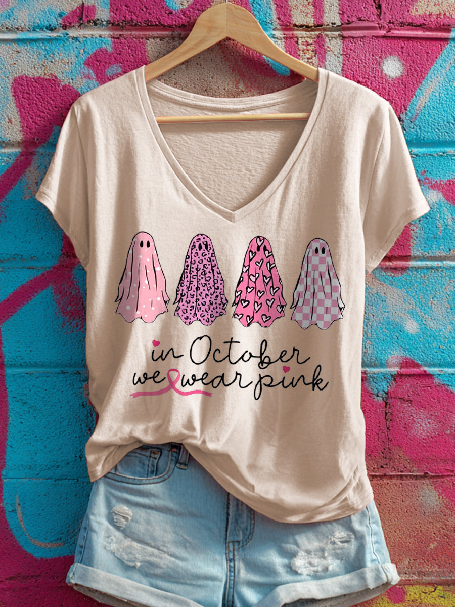 Frauen im Oktober tragen wir rosa Geister drucken V-Ausschnitt T-Shirt