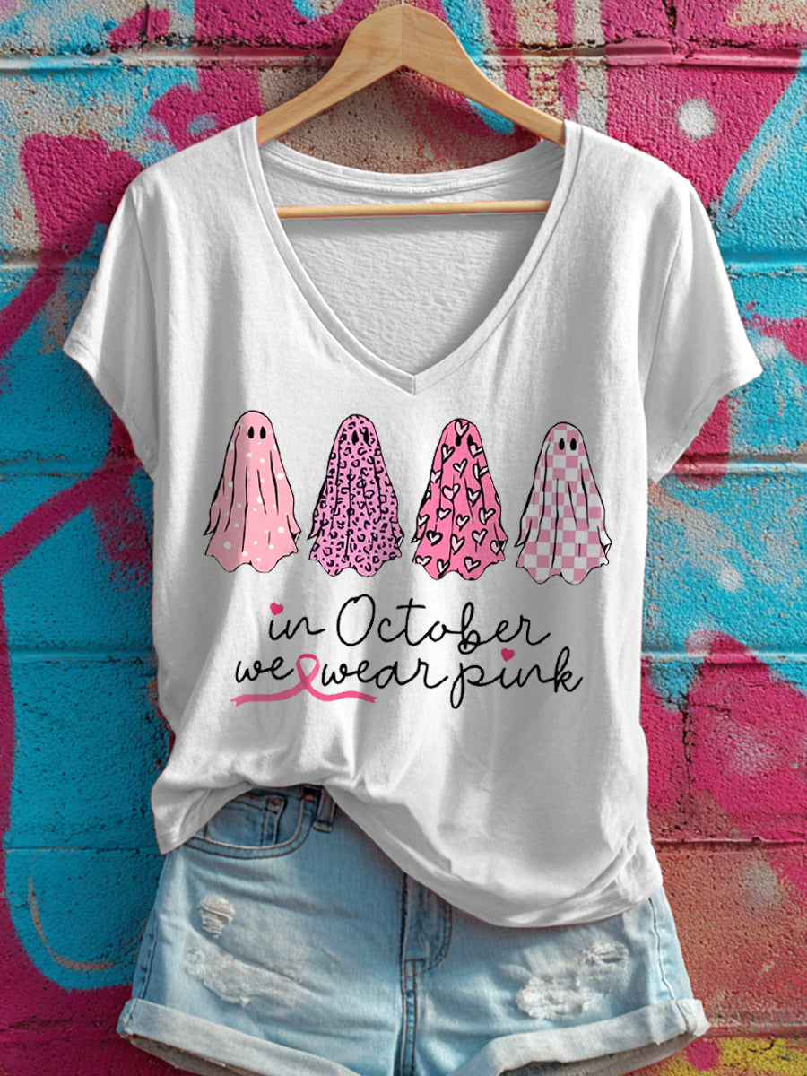 Frauen im Oktober tragen wir rosa Geister drucken V-Ausschnitt T-Shirt