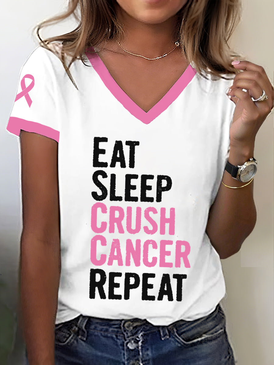 Frauen Brustkrebs Bewusstsein Essen Schlaf Crush Krebs Wiederholung T-Shirt