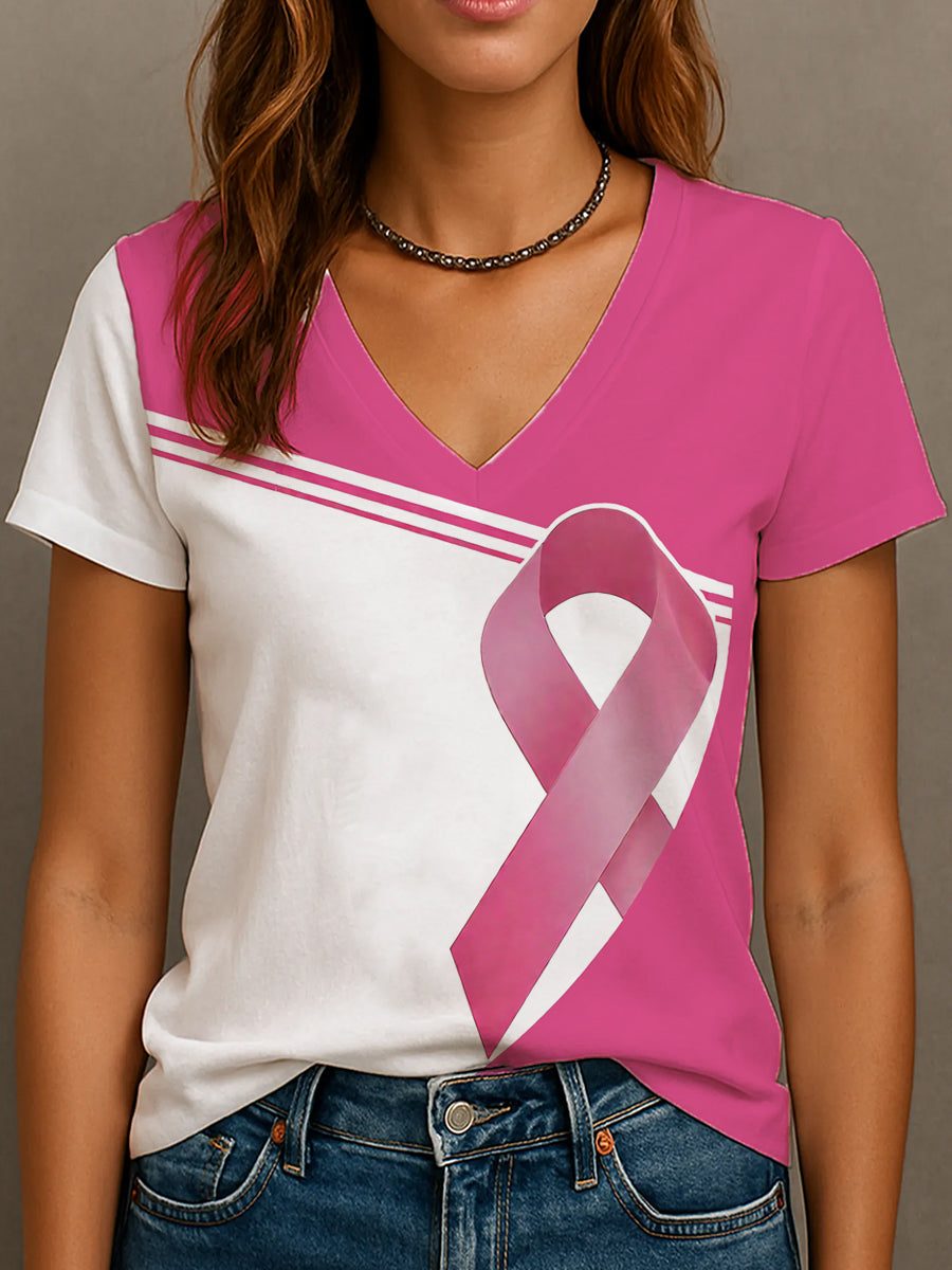 Frauen Brustkrebs Bewusstsein Rosa Band V-Ausschnitt T-Shirt