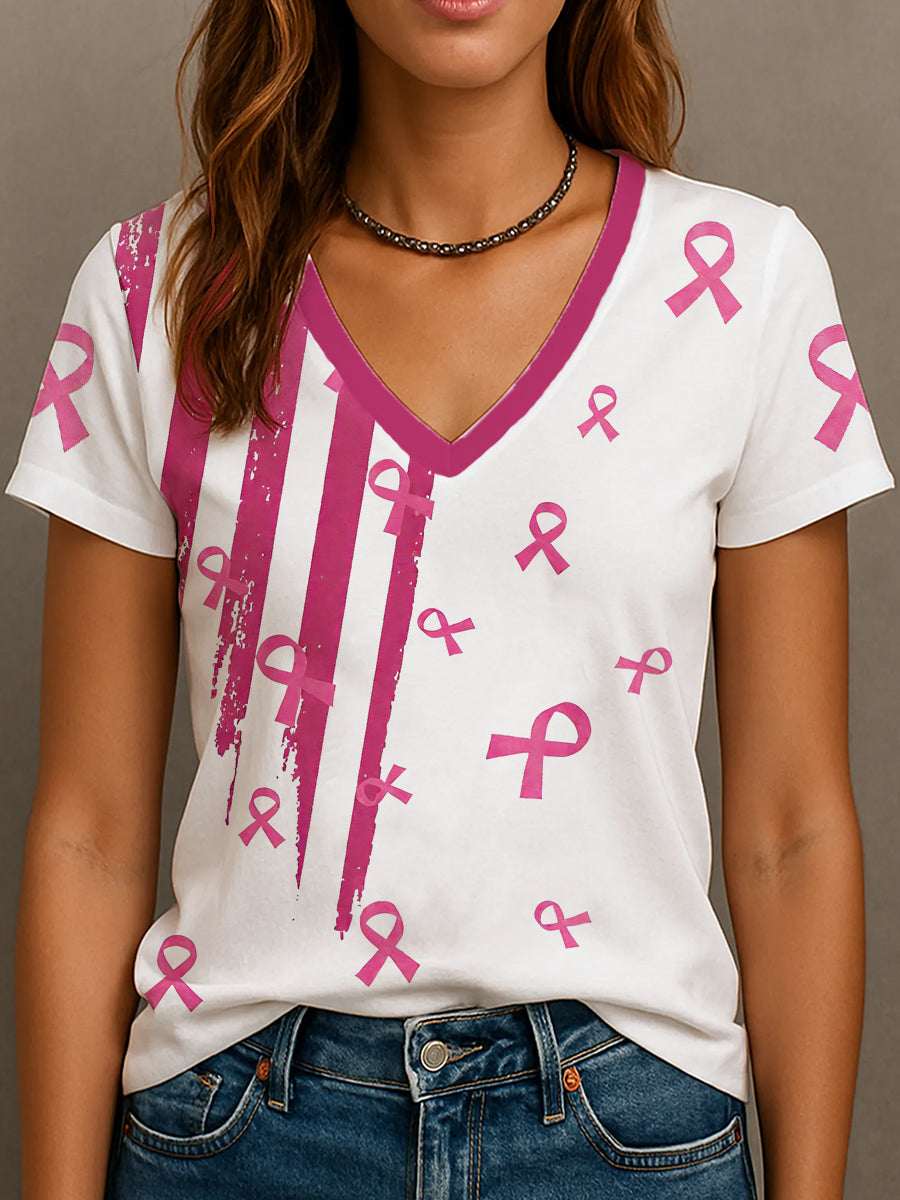 Frauen Brustkrebs Bewusstsein Rosa Band V-Ausschnitt T-Shirt