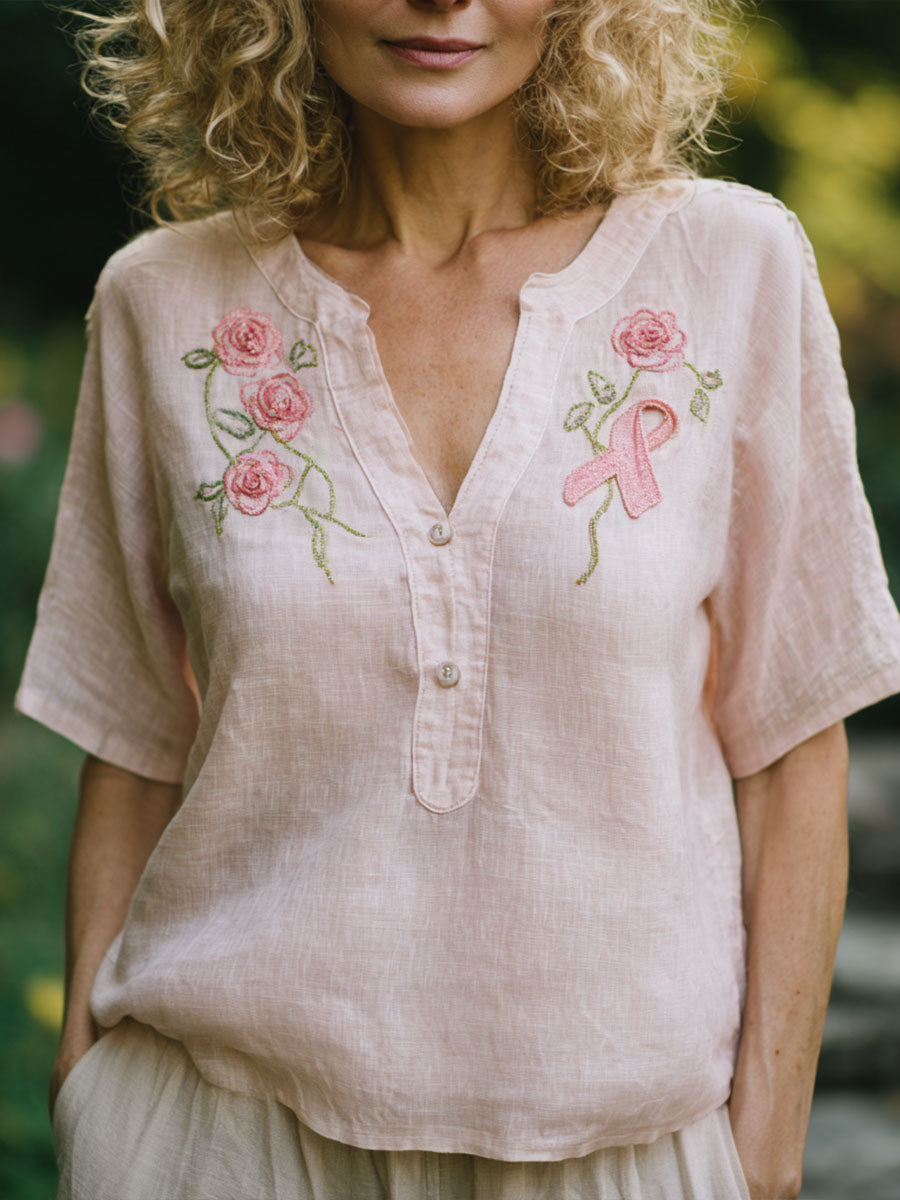 Frauen rosa Band & Blumen besticktes Leinen hemd