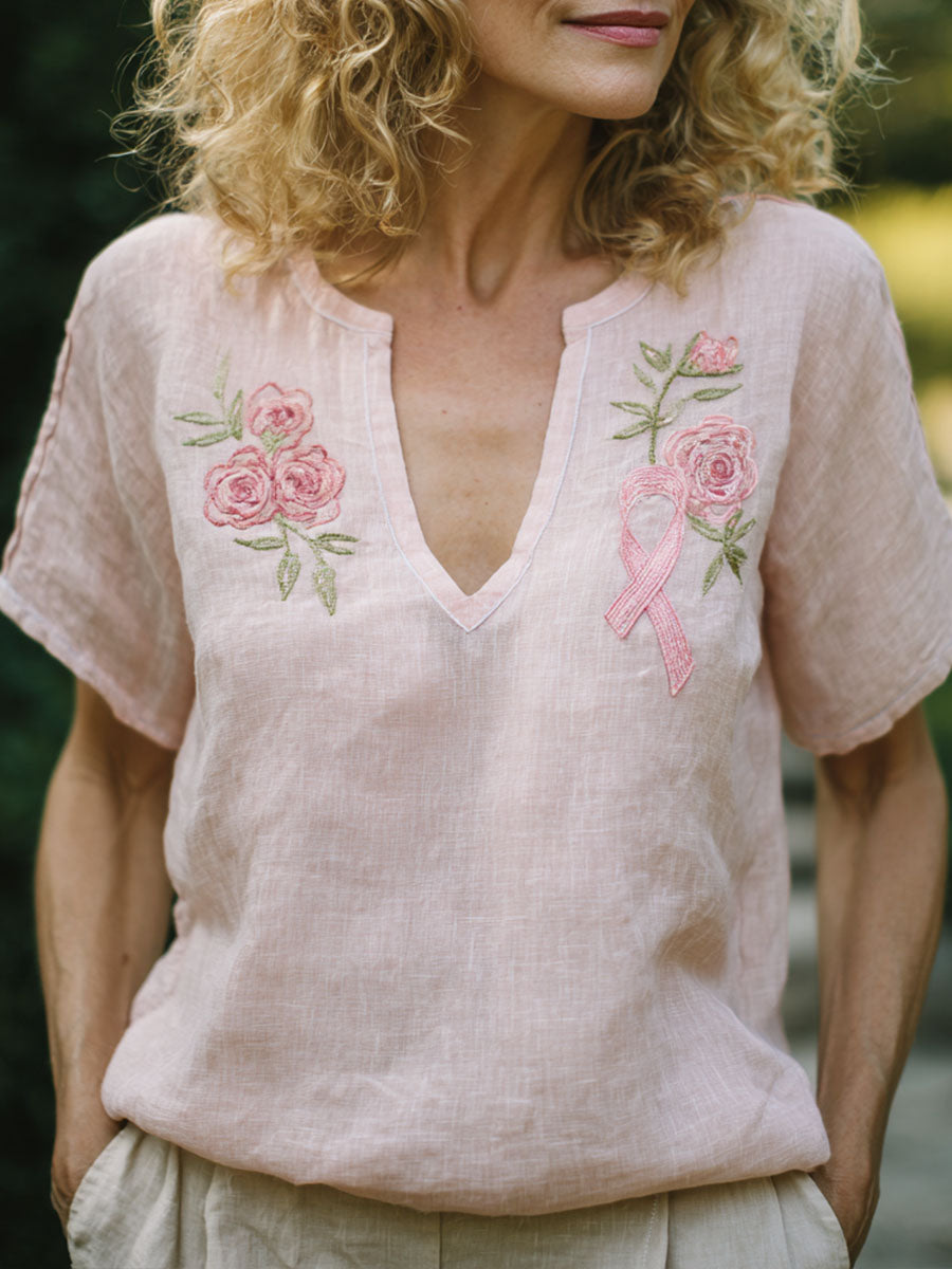 Frauen rosa Band & Blumen besticktes Leinen hemd