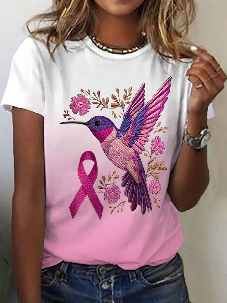 Frauen Brustkrebs Kolibri Print Casual T-Shirt
