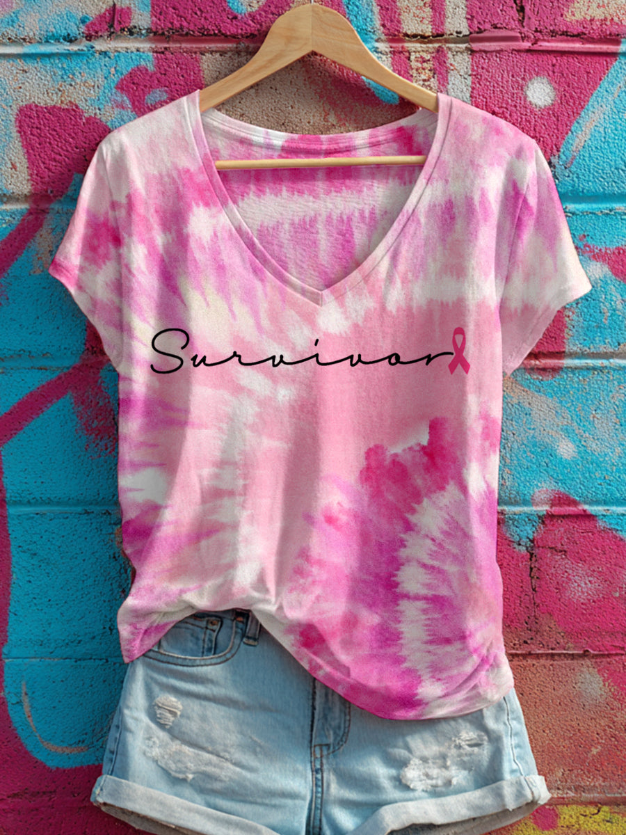 Frauen Survivor Pink Ribbon Print Krawatte-Farbstoff T-Shirt