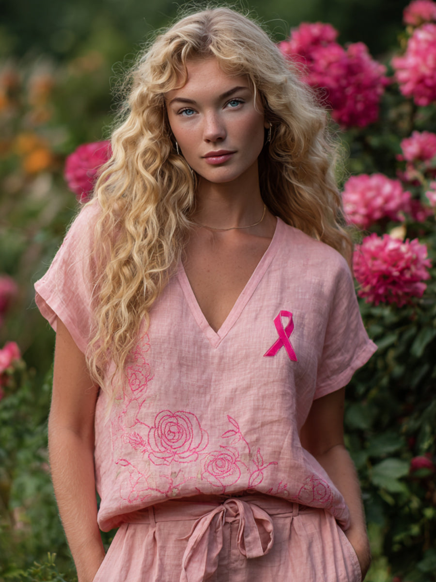 Damen rosa Band & Rose besticktes Leinen hemd
