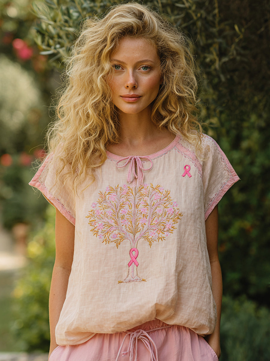 Damen rosa Band & Baum Besticktes Leinen hemd