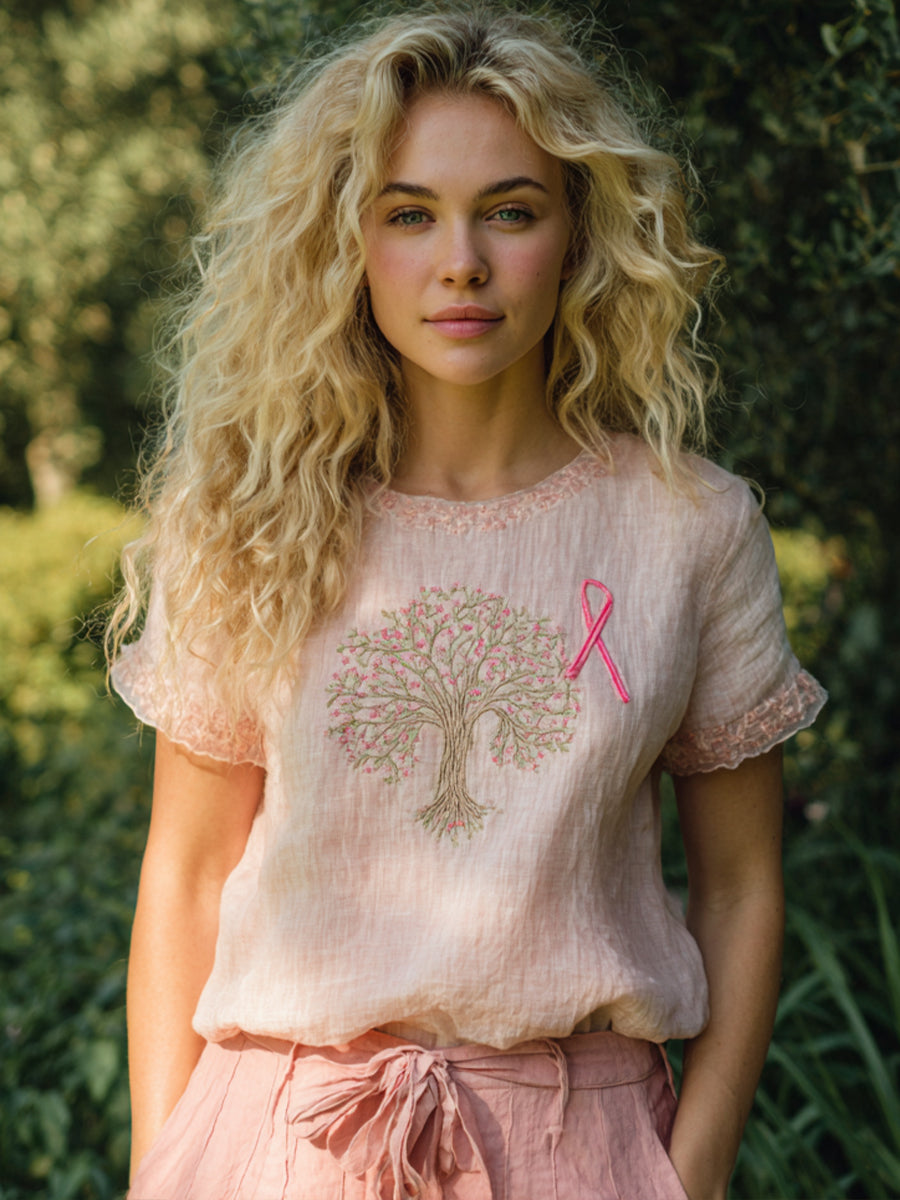 Damen rosa Band & Baum Besticktes Leinen hemd