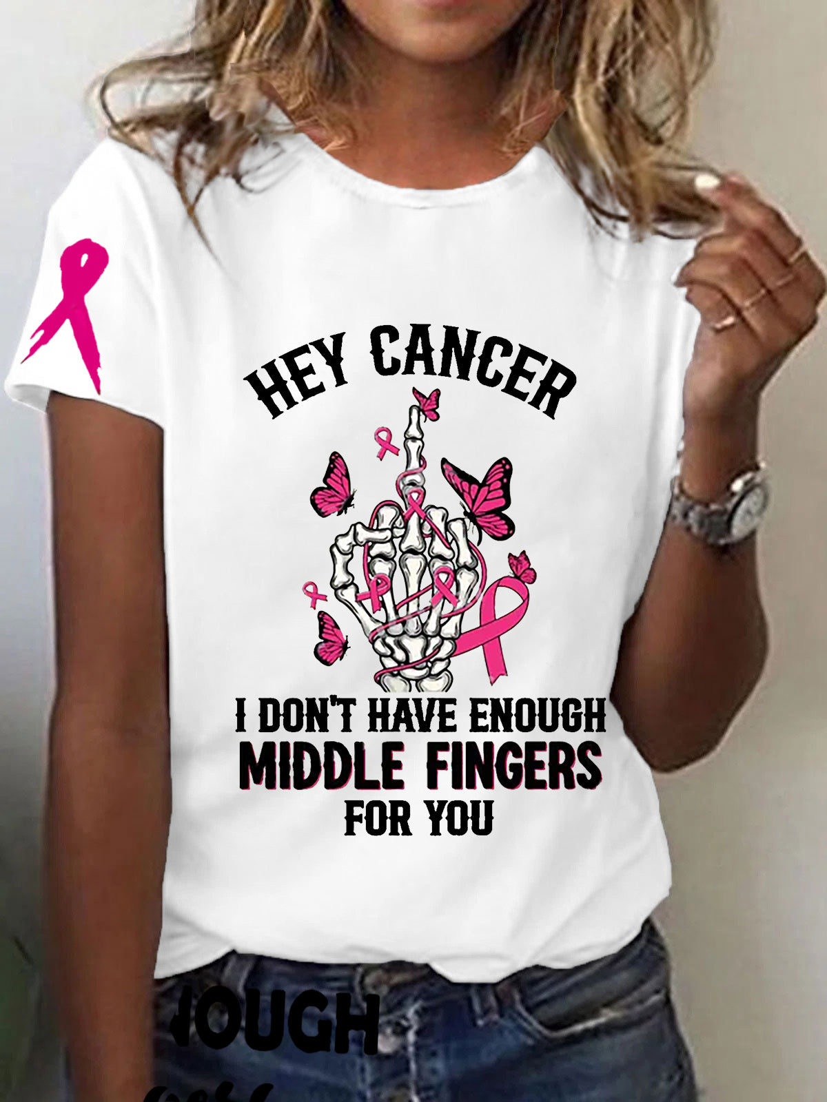 Frauen Brustkrebs Bewusstsein Hey Krebs Ich habe nicht genug Mittelfinger für Sie Kurzarm T-Shirt