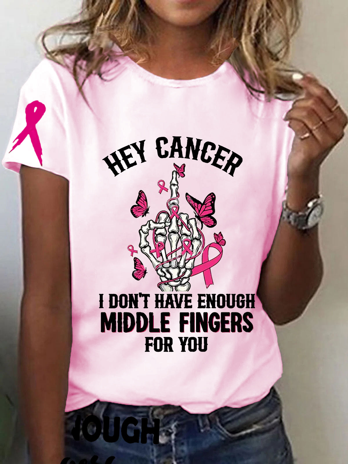 Frauen Brustkrebs Bewusstsein Hey Krebs Ich habe nicht genug Mittelfinger für Sie Kurzarm T-Shirt