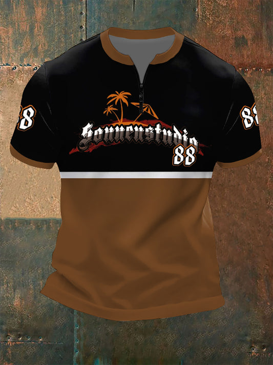 Männer Nummer 88 Print Zip Kurzarm T-Shirt