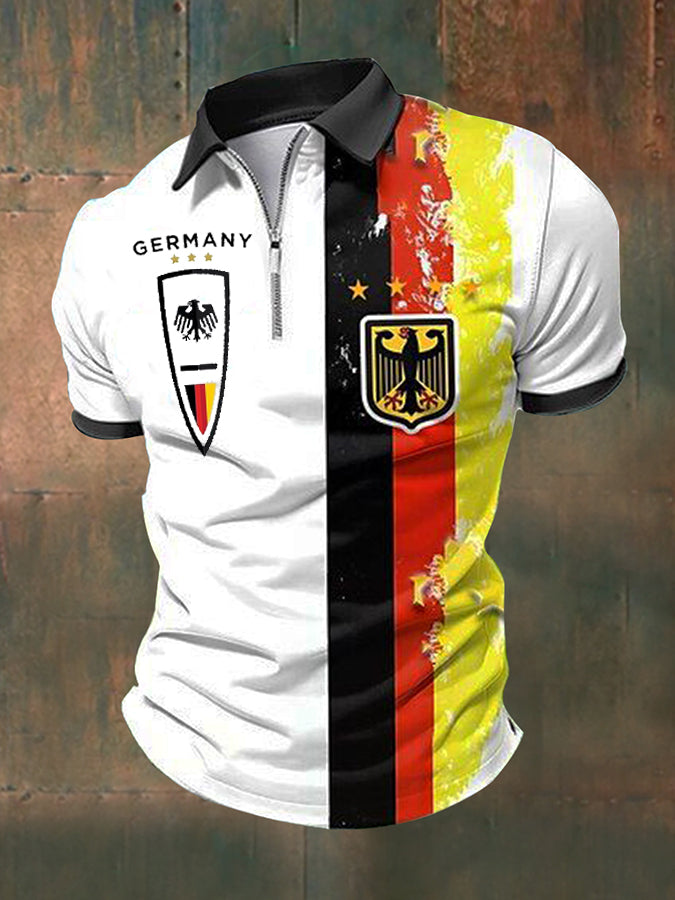 Men's German Print Zippered Short Sleeve Polo Shirt