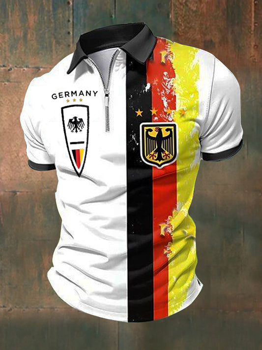 Men's German Print Zippered Short Sleeve Polo Shirt