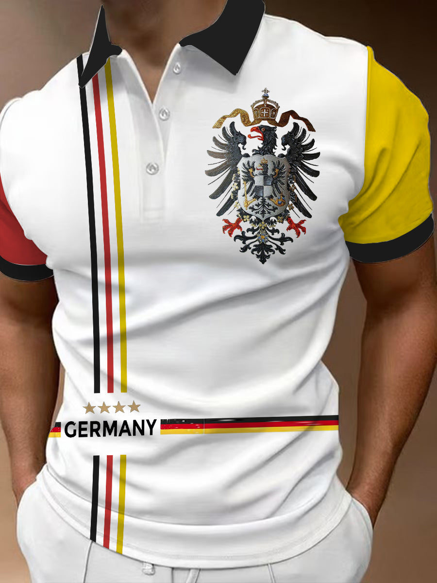 Men's German Eagle and Hohenzollern Shield Print Short Sleeve Zip-Up Polo Shirt