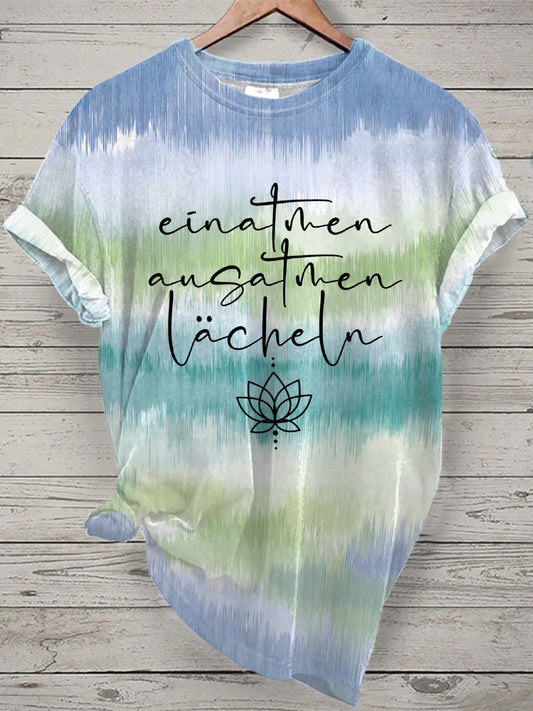Damen Einatmen Ausatmen Laecheln Tie Dye Print Kurzarm T-Shirt
