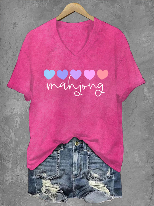 Frauen Mahjong Print V-Ausschnitt T-Shirt