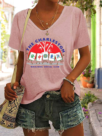 Frauen Mahjong Print V-Ausschnitt T-Shirt