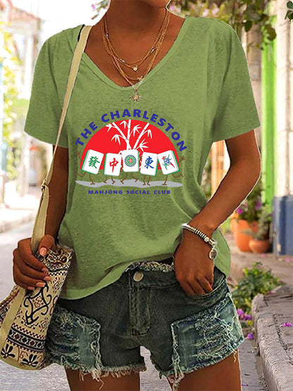 Frauen Mahjong Print V-Ausschnitt T-Shirt