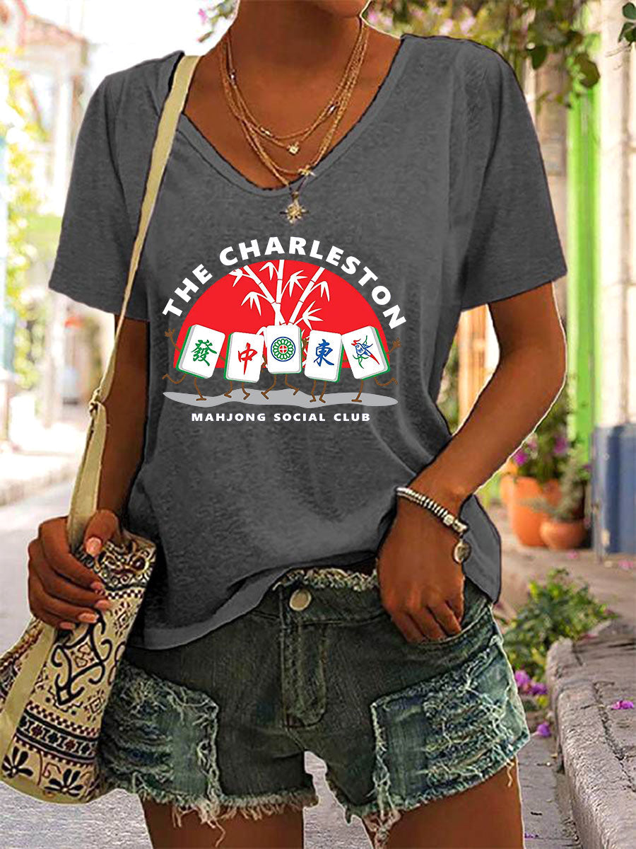 Frauen Mahjong Print V-Ausschnitt T-Shirt